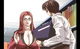Busty Redhead Teacher in Glasses Sucking Off One of Her Students in the Library
